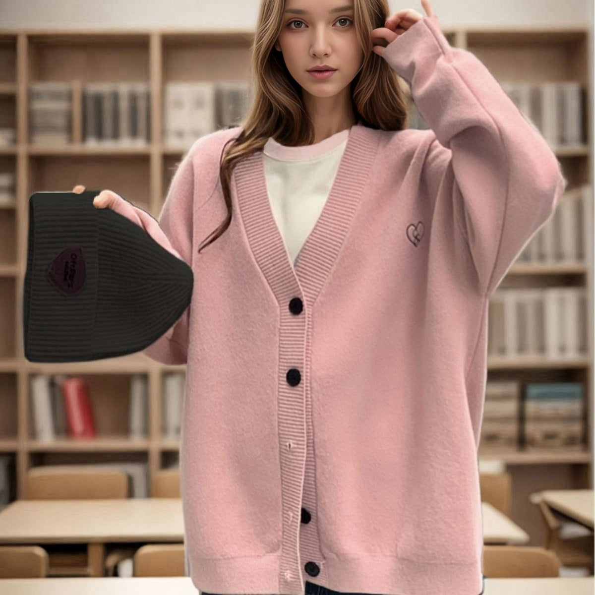 Dames Grobstrick Cardigan avec coupe oversize et motif cœur décoratif Chic und Stil