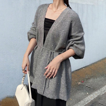 Dames Élégant Cardigan en Tricot avec Accent de Perles Chic und Stil