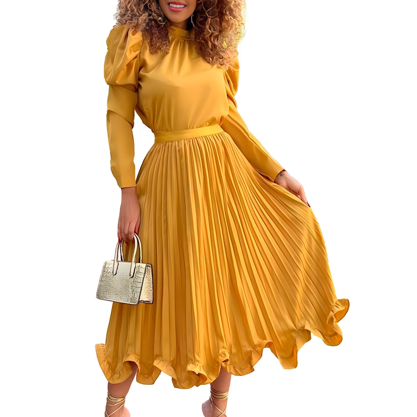 Dames Élégante Robe Midi avec Col Montant et Design Plissé Chic und Stil