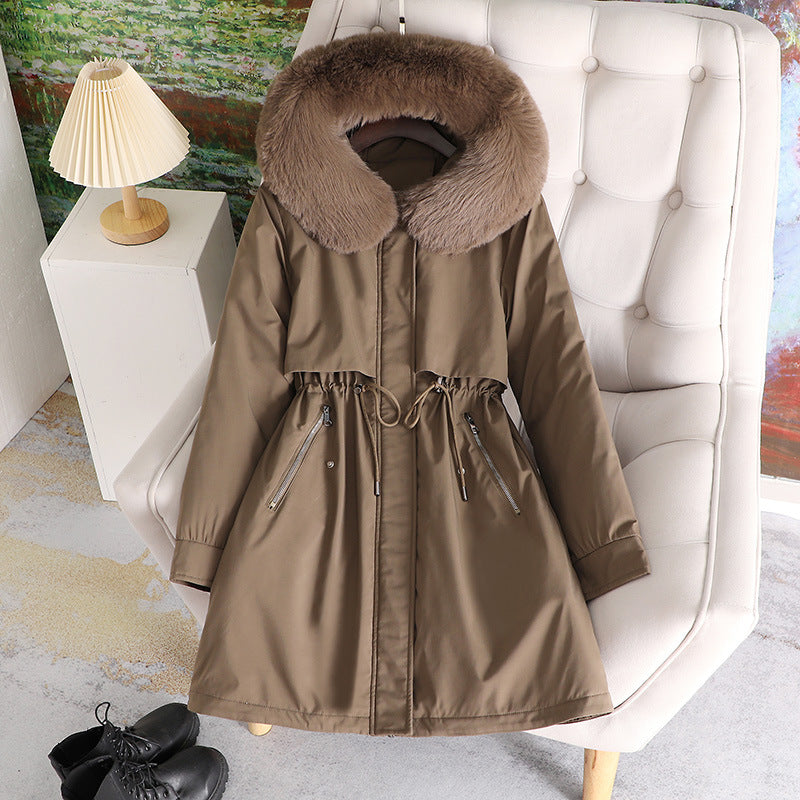 Dames élégante manteau d'hiver avec col en fausse fourrure amovible et cordon réglable à la taille Chic und Stil