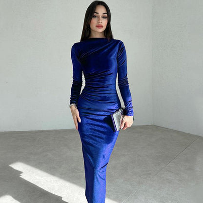 Femmes Robe Longue élégante à manches longues avec design froncé Chic und Stil