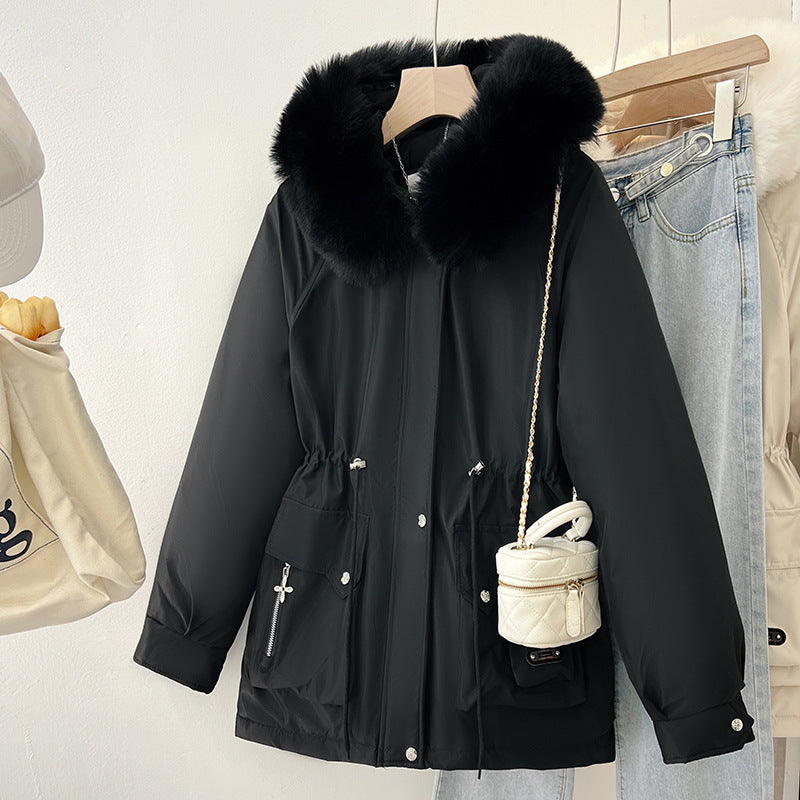 Multifunctional winter jacket for women with removable faux fur collar and adjustable waist drawstring Chic and Style