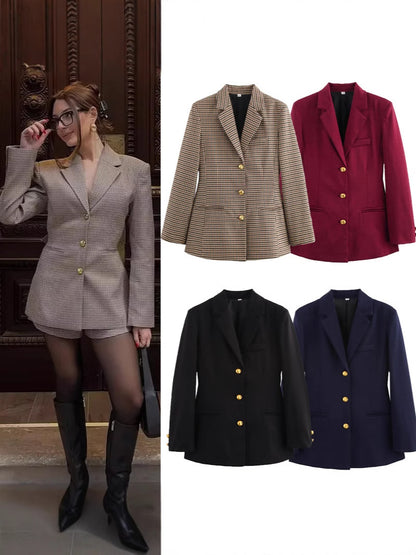 Blazer à carreaux pour femmes avec boutons dorés et poches pratiques Chic und Stil