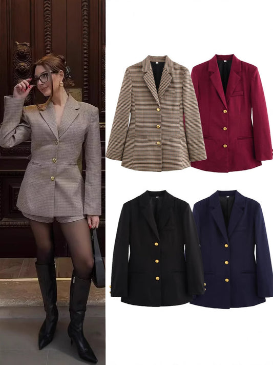Blazer à carreaux pour femmes avec boutons dorés et poches pratiques Chic und Stil