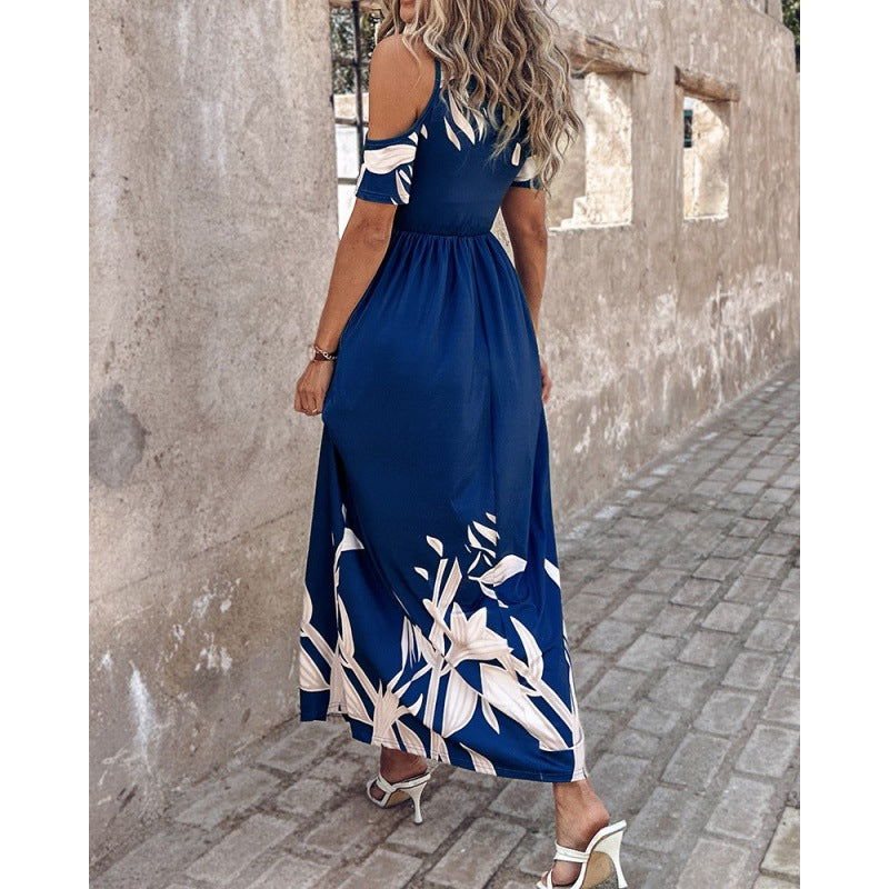 Femmes Robe Maxi Fleurs Épaule Démontée Chic und Stil
