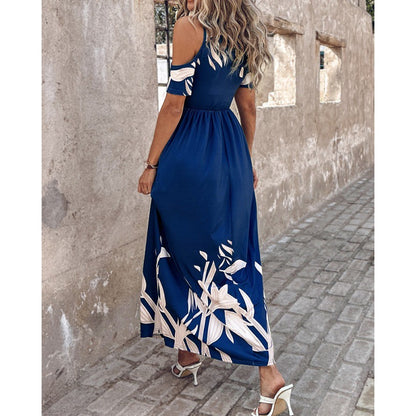 Femmes Robe Maxi Fleurs Épaule Démontée Chic und Stil
