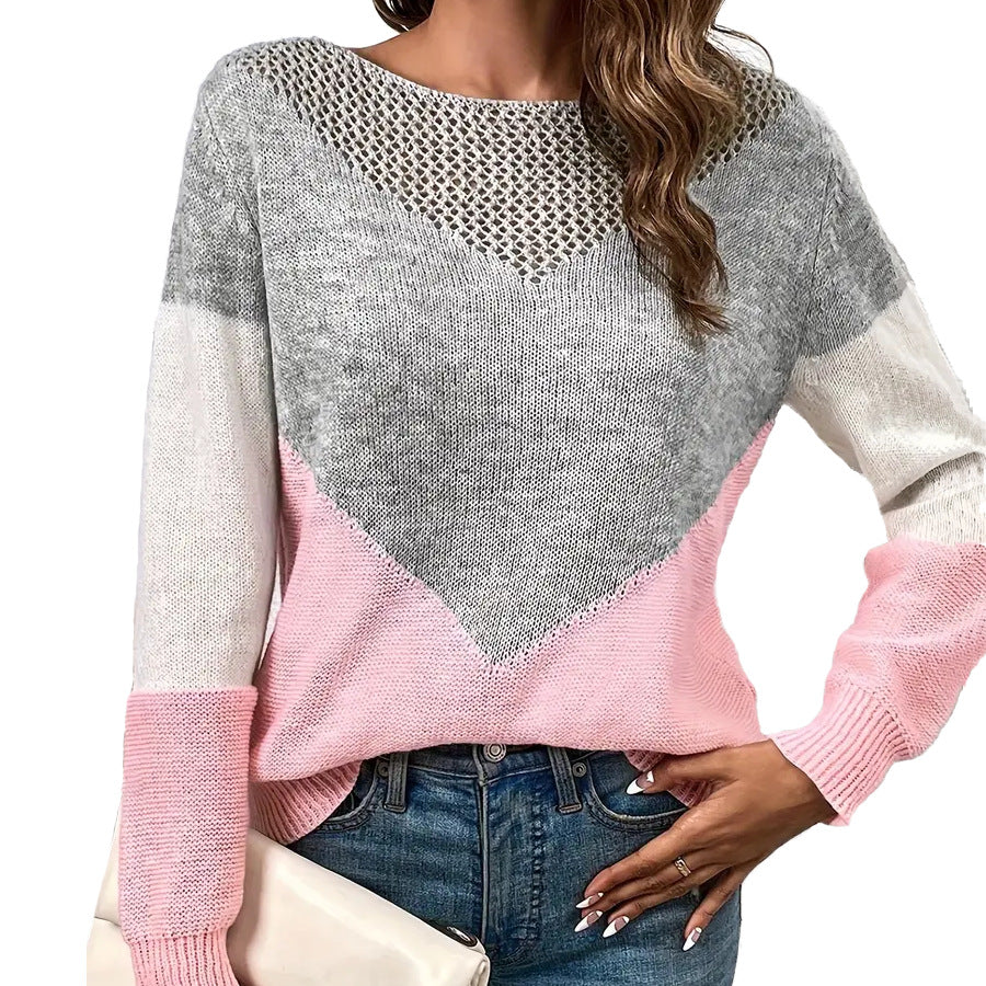 Dames pull moderne en tricot avec des blocs de couleurs contrastants et en V
