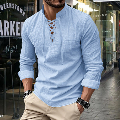 Chemise à manches longues pour hommes avec lacets à la mode et col montant Chic und Stil