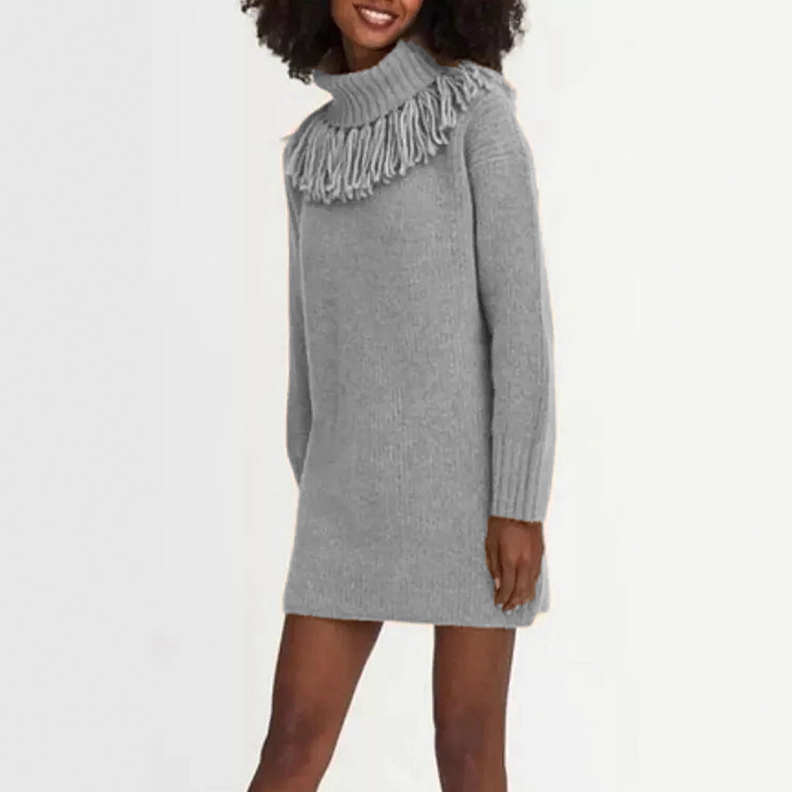 Robe en tricot femme avec col roulé haut et franges à la mode Chic und Stil