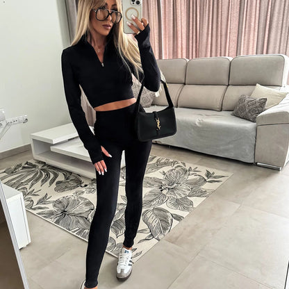 Dames Haut de sport cropped raglan avec fermeture éclair et leggings assortis Chic und Stil