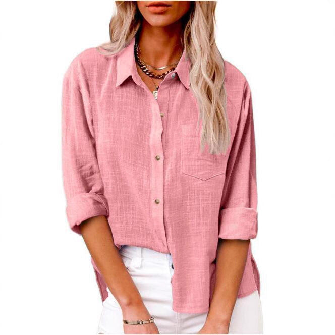 Blouse en lin décontractée pour femmes à manches courtes et détails de boutons Chic und Stil