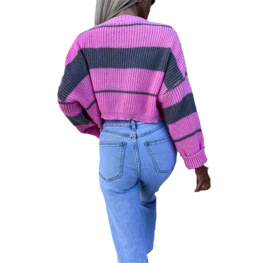 Pull en tricot cropped pour femmes avec des rayures colorées Chic und Stil
