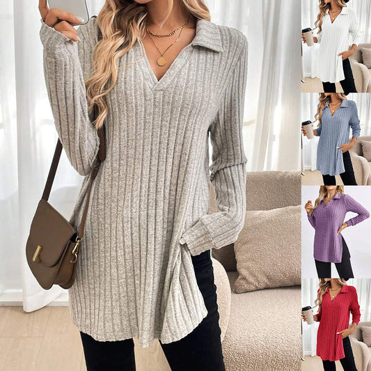 Trendy women's V-neck pullover shirt with collar Chic and Style