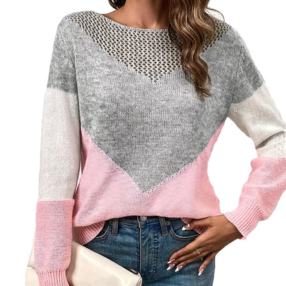Dames pull moderne en tricot avec des blocs de couleurs contrastants et en V
