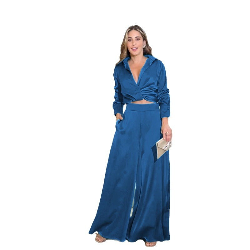 Women refined and elegant outfit with short blouse and wide pants Chic and Style