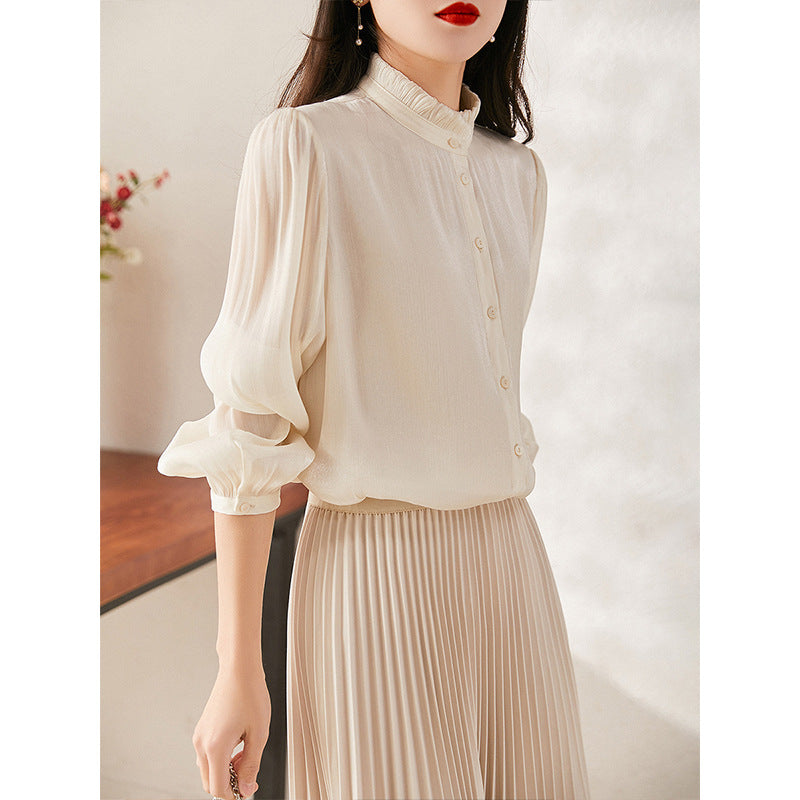 Blouse à col montant à volants pour femmes Chic und Stil