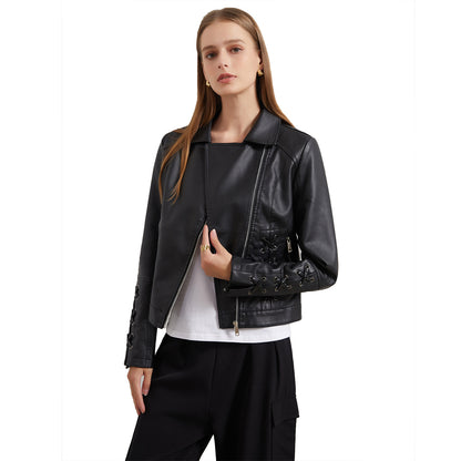 Dames élégant blouson de motard en similicuir avec détails de lacet décoratifs Chic und Stil