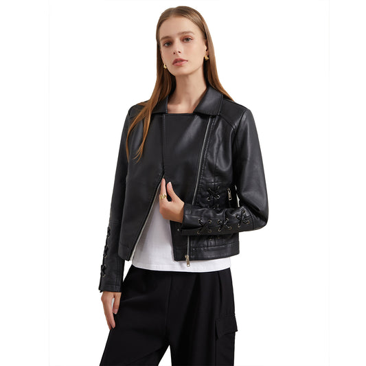 Dames élégant blouson de motard en similicuir avec détails de lacet décoratifs Chic und Stil