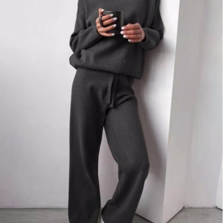 Cozy knit lounge set for women with wide pants and elegant round neck Chic and Style