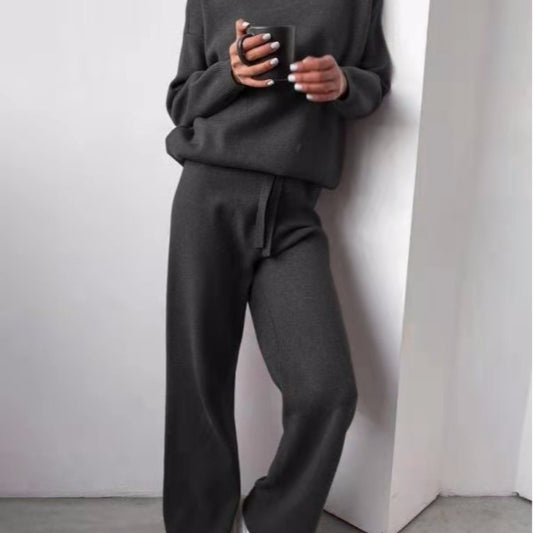 Cozy knit lounge set for women with wide pants and elegant round neck Chic and Style