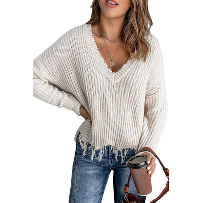 Pull décontracté à col V pour femmes avec franges et tricot texturé Chic und Stil