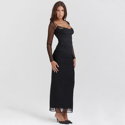 Robe de soirée longue unicolore élégante pour dames avec manches transparentes Chic und Stil