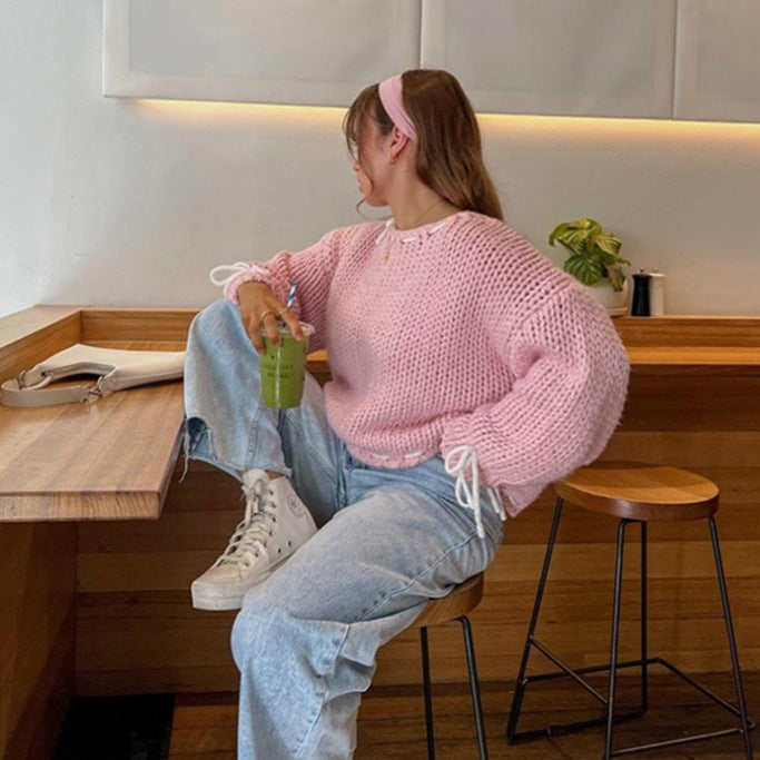 Pull décontracté pour femmes avec épaule dénudée et ceinture décorative à nouer Chic und Stil