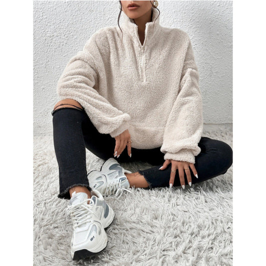 Dames Pull et Teddy Doux avec demi-zip et poche kangourou Chic und Stil
