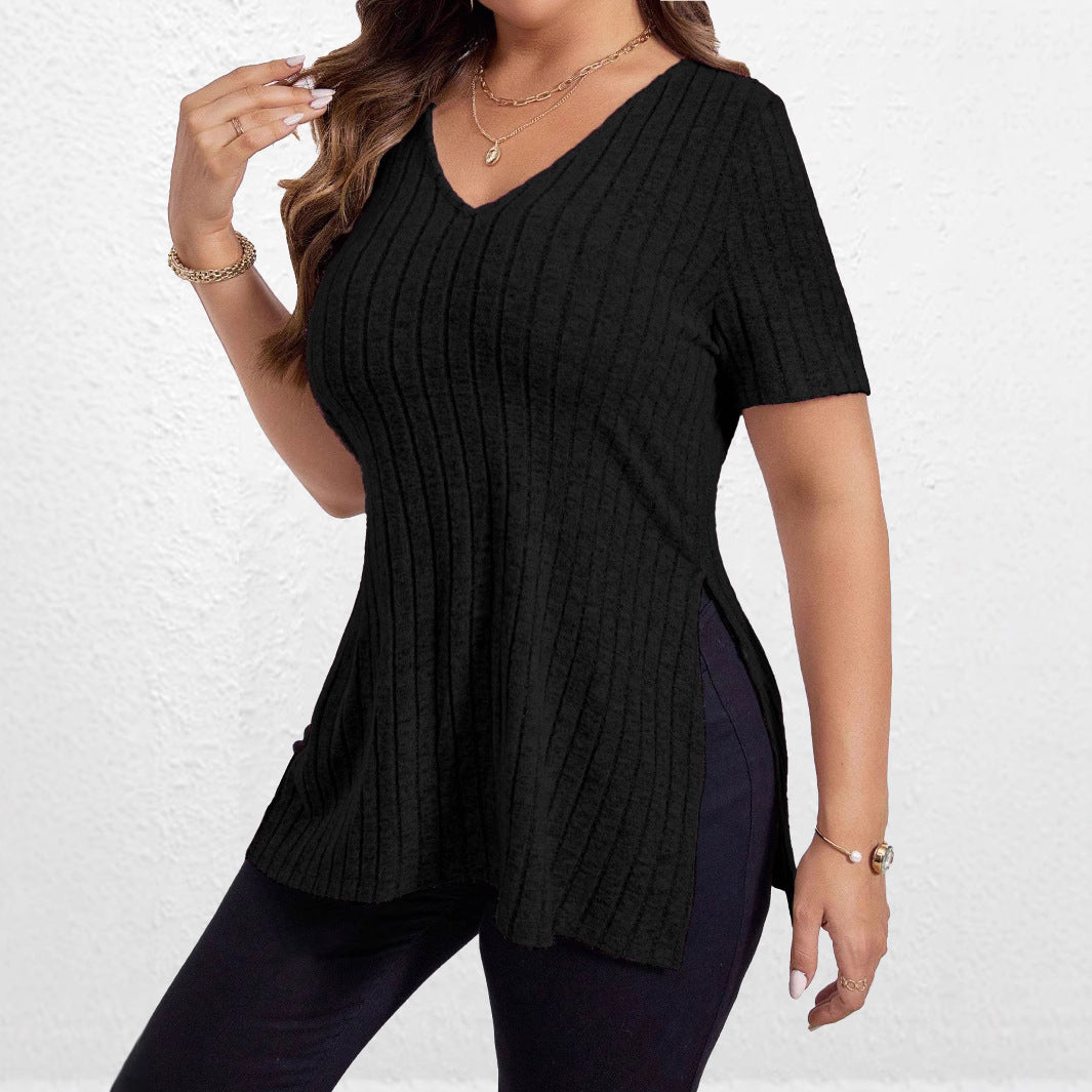 Dames haut décontracté à col en V avec motif en côtes texturé Chic und Stil