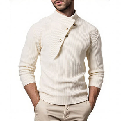 Trendy knitted pullover for men with high collar and asymmetric button placket Chic und Stil