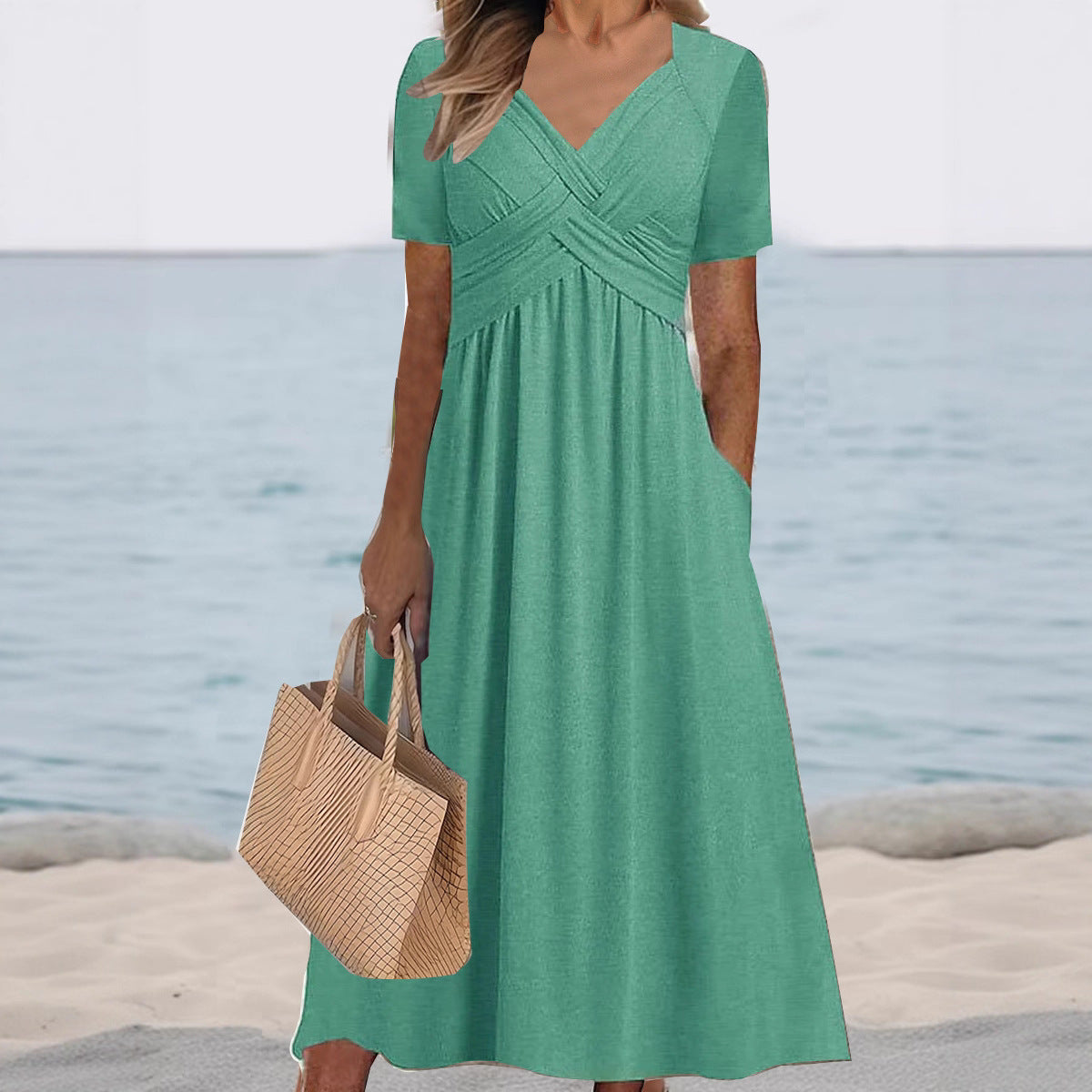 Robe maxi femme avec décolleté en V élégant et poches pratiques Chic und Stil