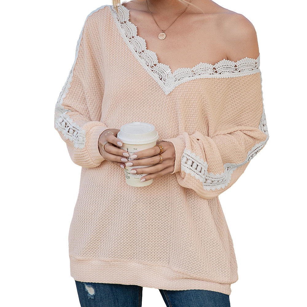 Pull décontracté pour femme avec dentelle et décolleté en V Chic und Stil
