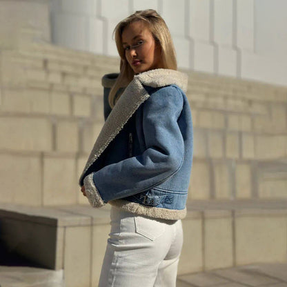 Dames cropped jeansjack met zacht Sherpa-futter Chic und Stil