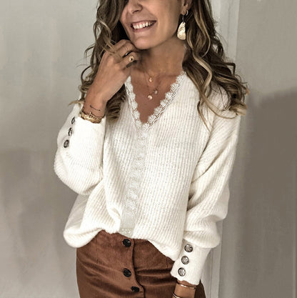 Pull à mailles larges pour femmes avec décolleté en V et détails de boutons élégants Chic und Stil