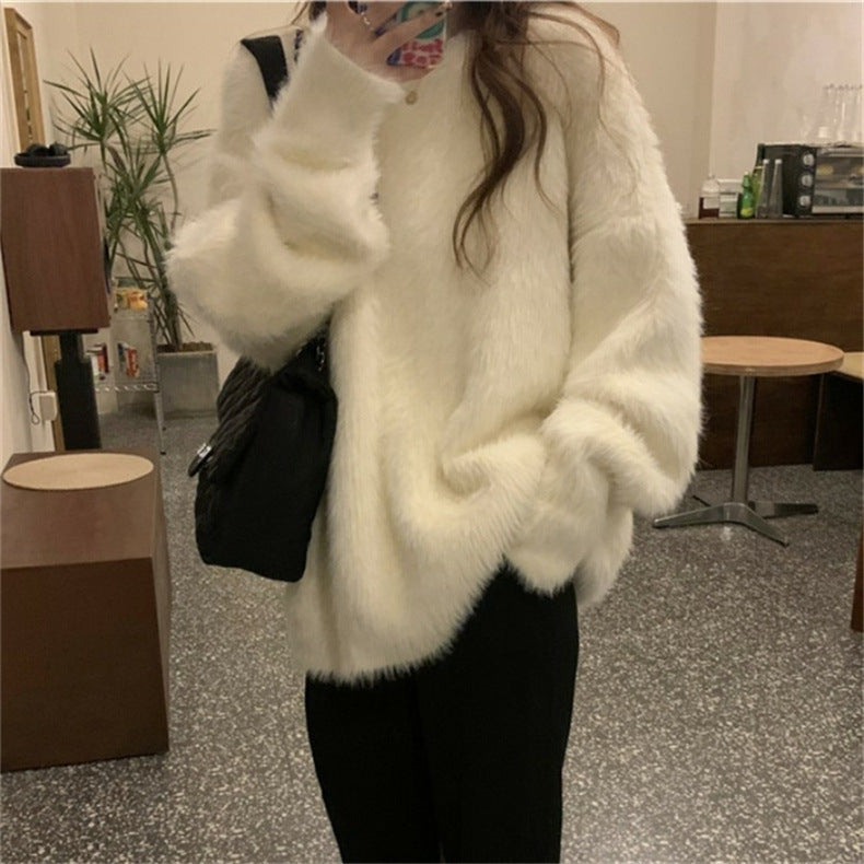 Femmes Pull en peluche à col rond avec coupe décontractée et taille oversize Chic und Stil