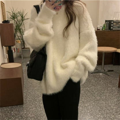 Femmes Pull en peluche à col rond avec coupe décontractée et taille oversize Chic und Stil