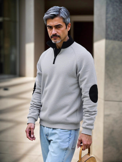 Pull en sweat-mode pour hommes avec fermeture éclair fonctionnelle et patchs contrastants aux coudes Chic und Stil