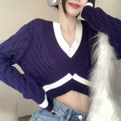 Dames pull cropped stylé avec décolleté en V et motif en losange Chic und Stil