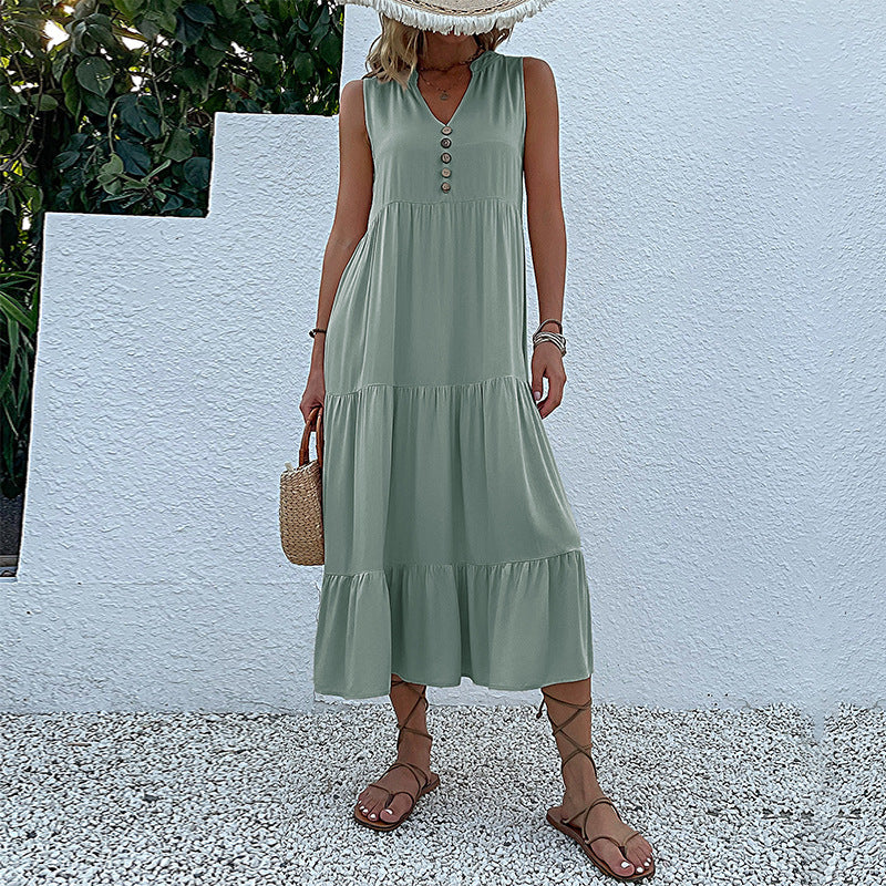 Robe maxi sans manches à volants pour femmes avec détail bouton Chic und Stil
