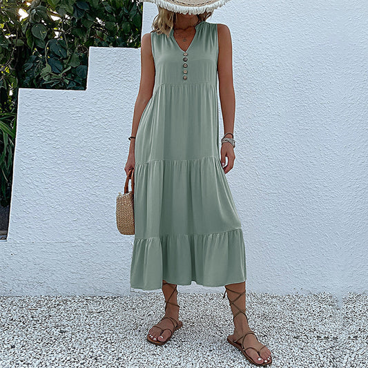 Robe maxi sans manches à volants pour femmes avec détail bouton Chic und Stil