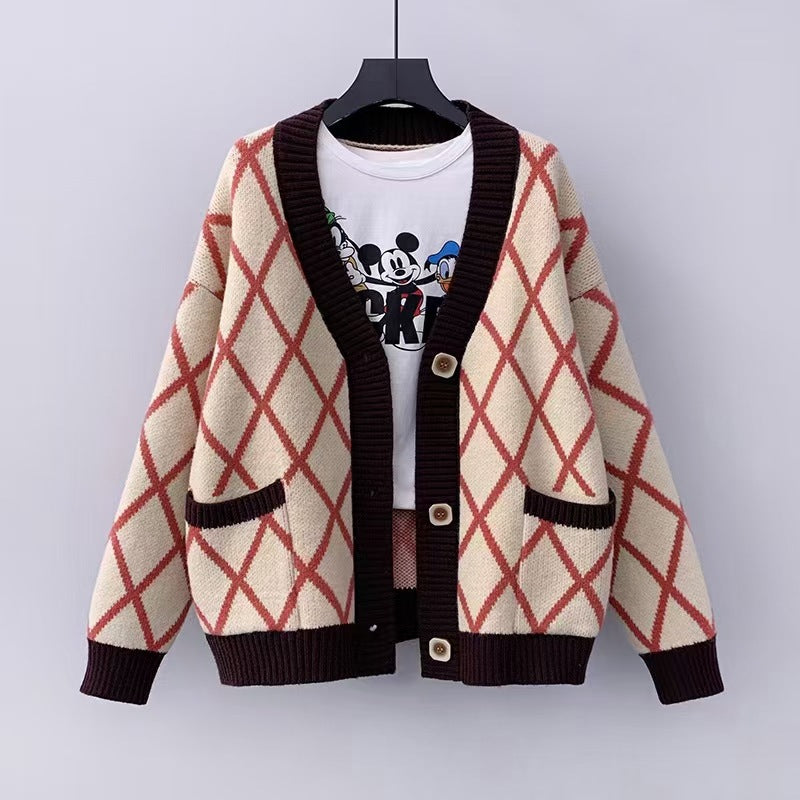 Dames gros tricot cardigan à motifs carreaux Chic und Stil