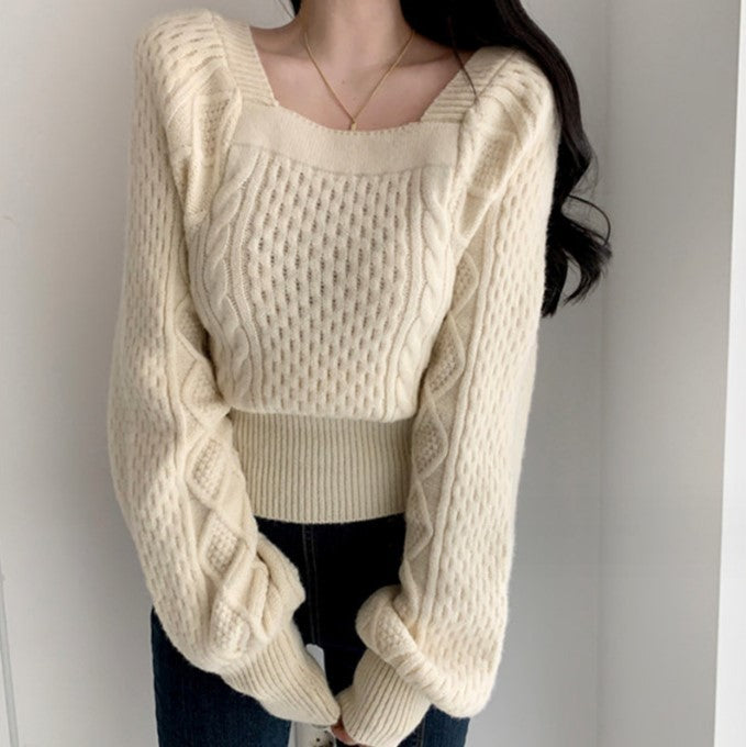 Pull femme en grosse maille avec des détails de tresse modernes et un col carré Chic und Stil