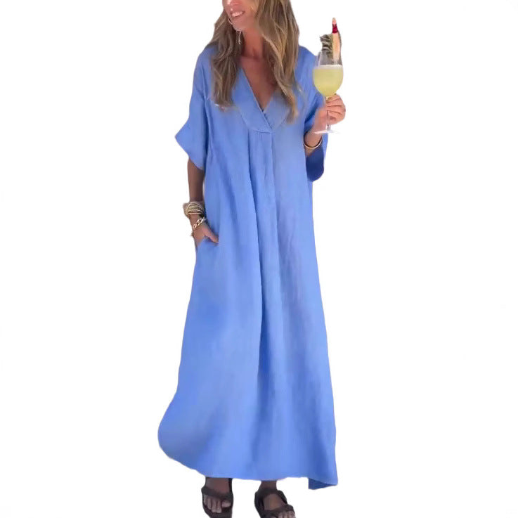 Robe maxi en lin décontractée pour femmes avec décolleté en V et manches larges Chic und Stil