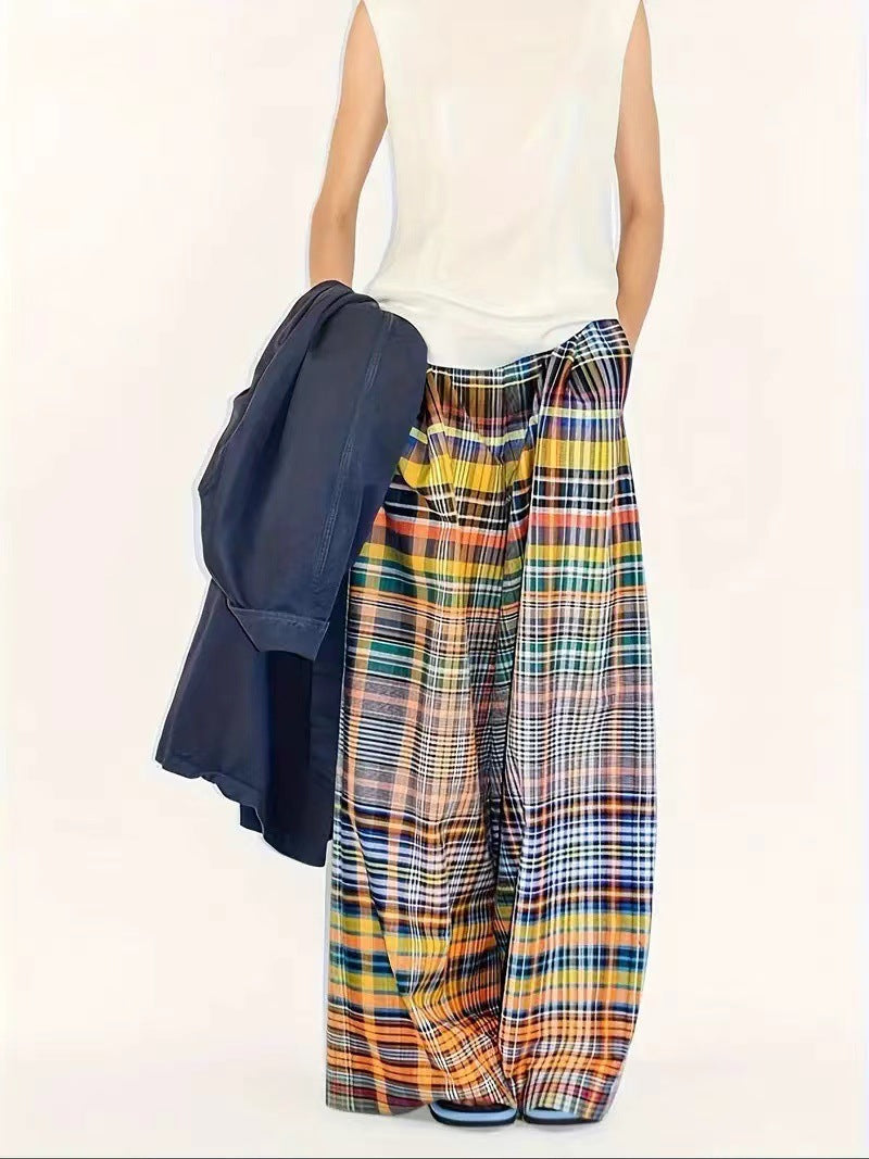 Pantalon à carreaux large pour femmes avec taille élastique et structure tissée solide Chic und Stil