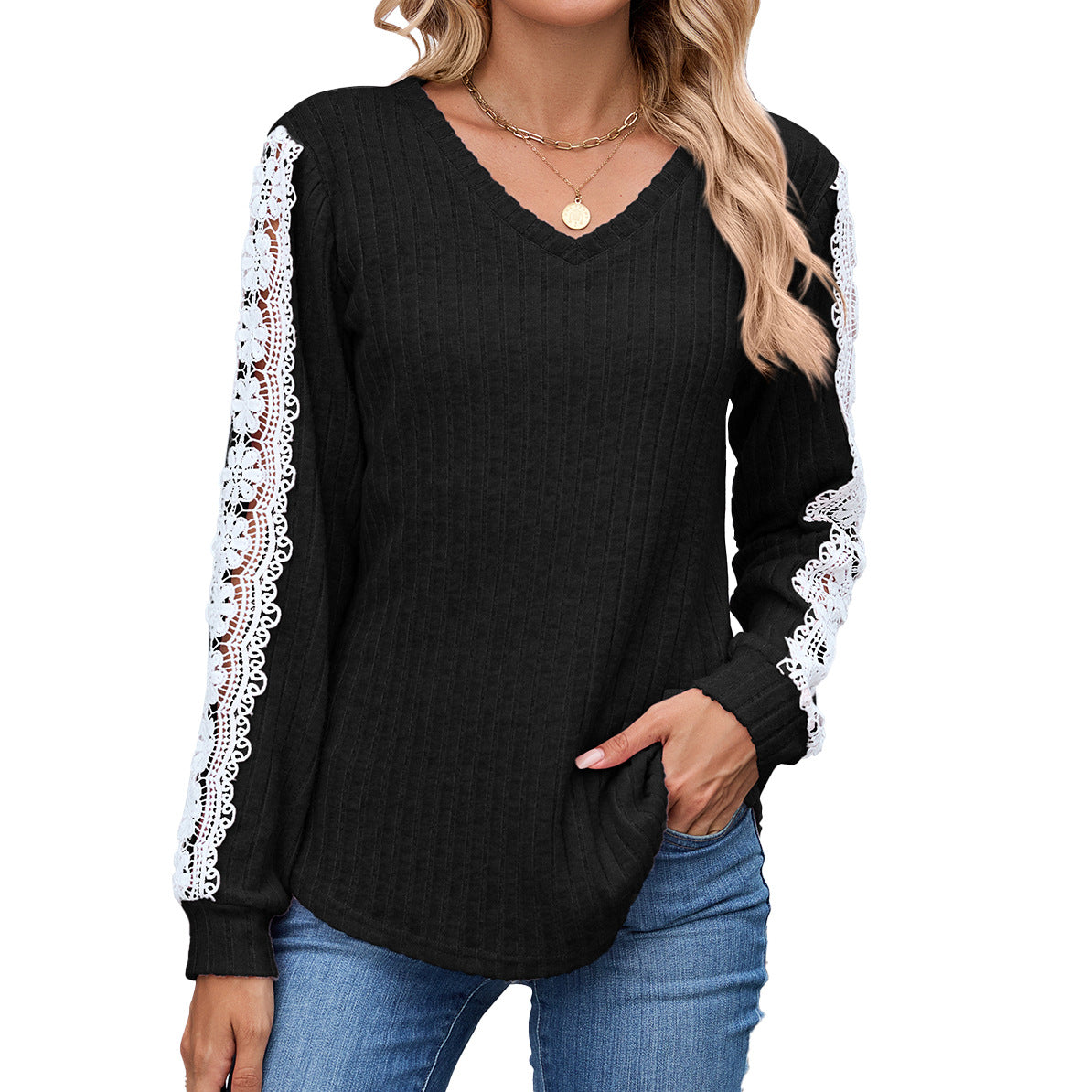 Dames Pull V-Ajusté à Col en V avec Détails en Dentelle Chic und Stil