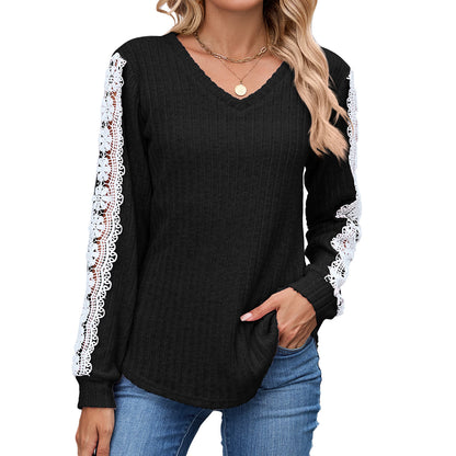 Dames Pull V-Ajusté à Col en V avec Détails en Dentelle Chic und Stil