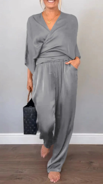 Women Elegant Wrap High-End with Loose Cut and Matching Palazzo Pants Chic and Style