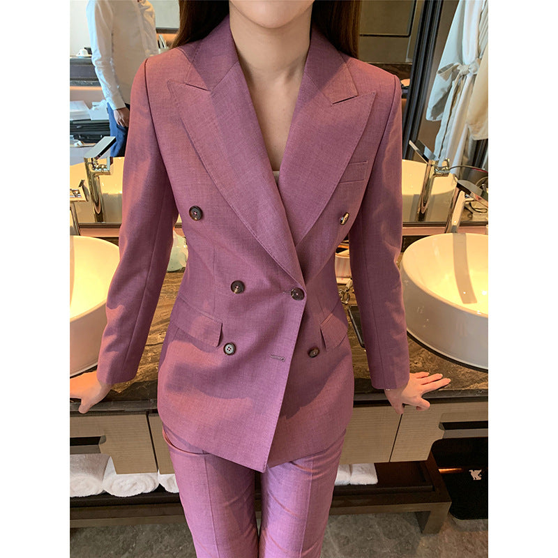 Chic and Stylish Women's Double-Breasted Fitted Blazer and Pants Set