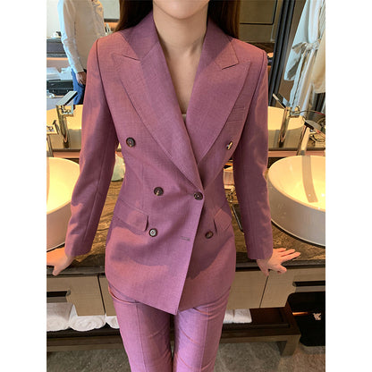 Chic and Stylish Women's Double-Breasted Fitted Blazer and Pants Set