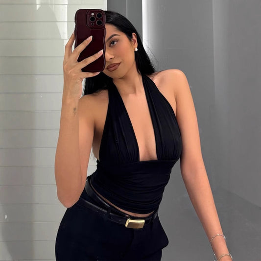 Top à bretelles haut fermé pour femmes avec décolleté en V plongeant et détails de volants à la mode Chic und Stil